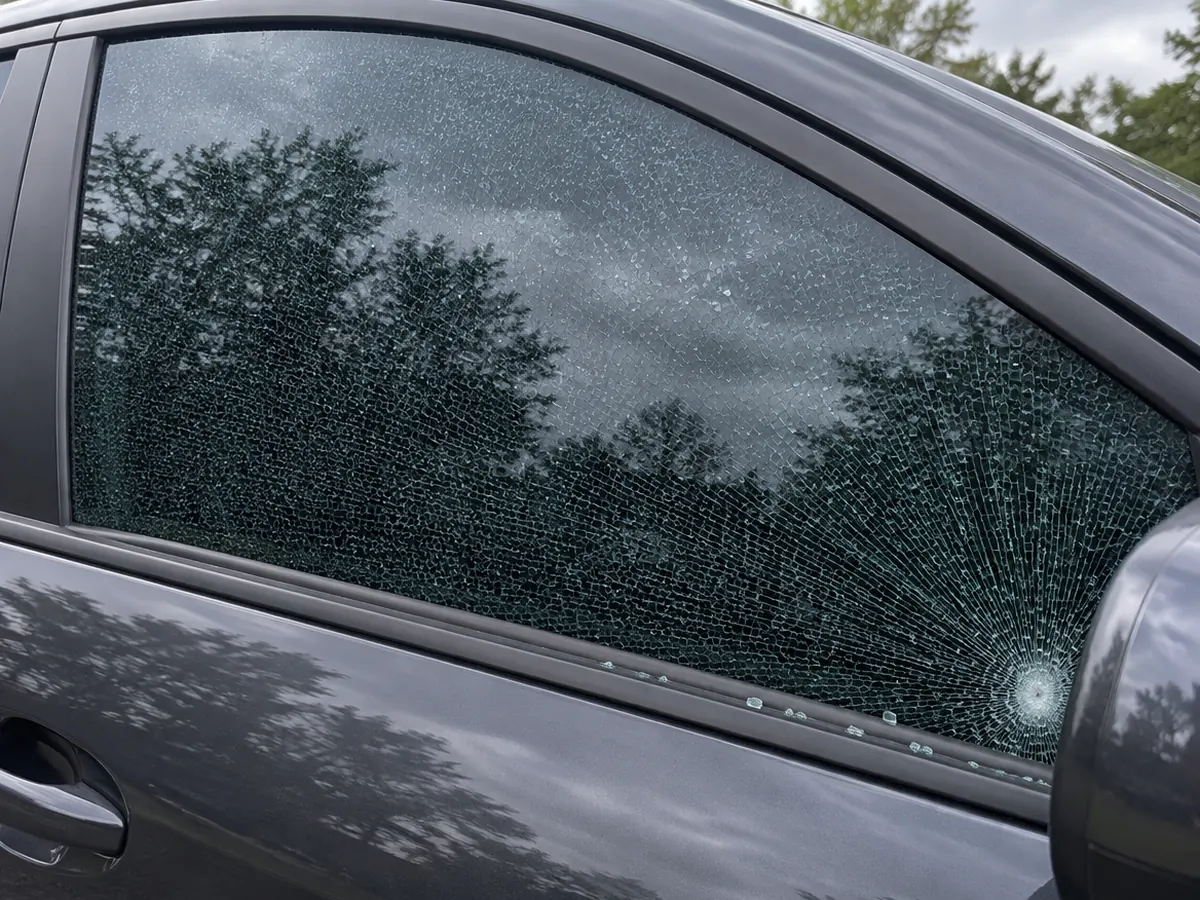 Car passenger door window shattered into a web of small cracks from a single impact point