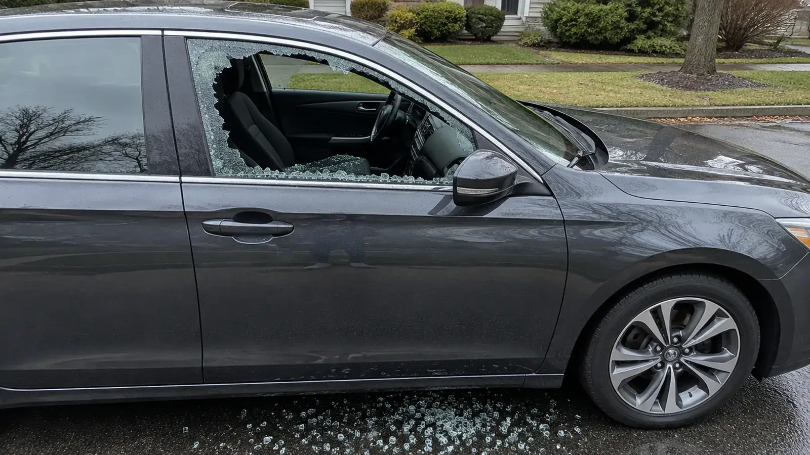 Dark gray sedan with a shattered front passenger door window and broken glass on the pavement