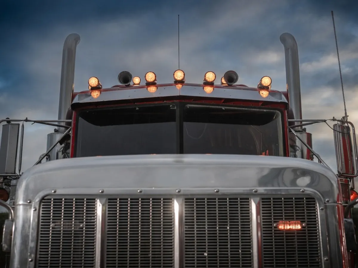 Front of a semi-truck with a large two-piece windshield