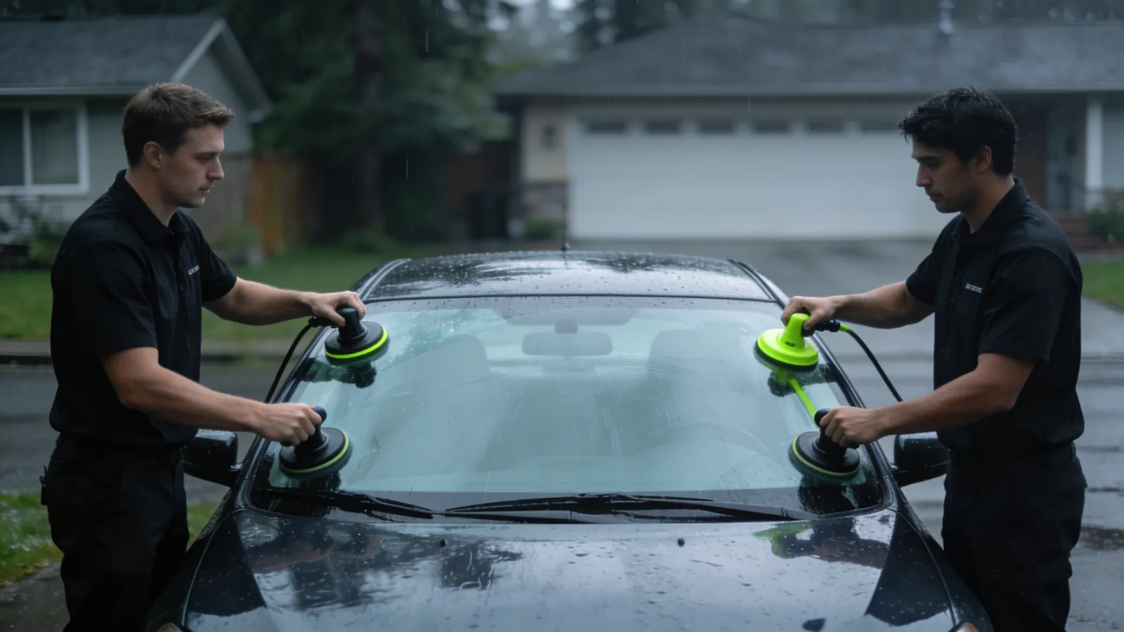 Two auto glass technicians setting a new windshield on a sedan in a residential driveway